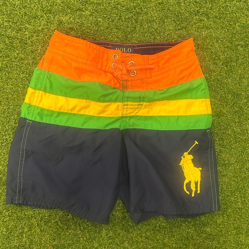 Polo Ralph Lauren Boy Swim Trunks Colorblock Navy Orange Green Yellow Pony Small
